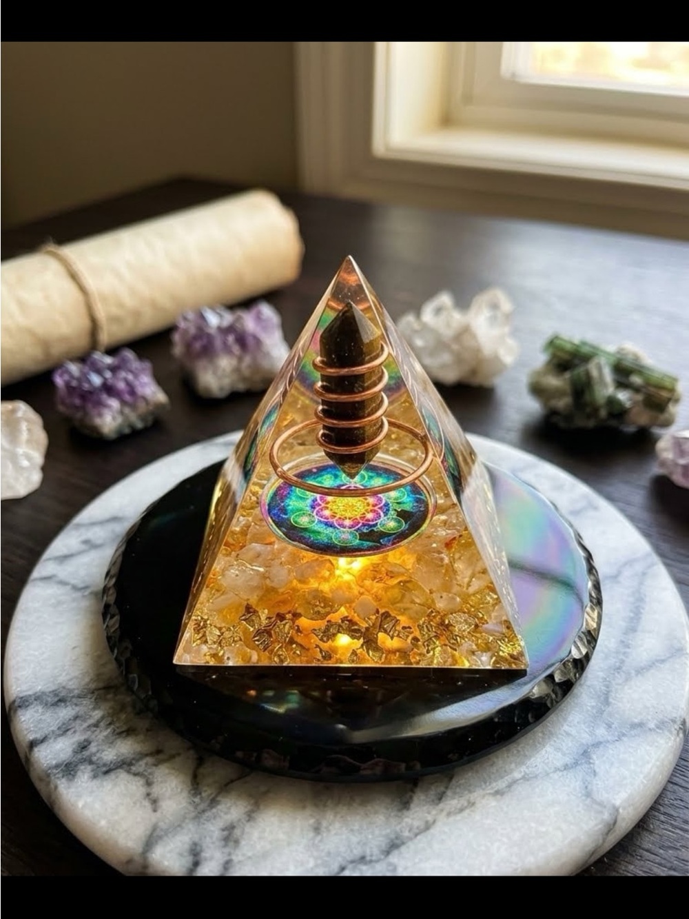 Handcrafted Gold Tiger Eye and Copper Pyramid Orgone Energy Sculpture